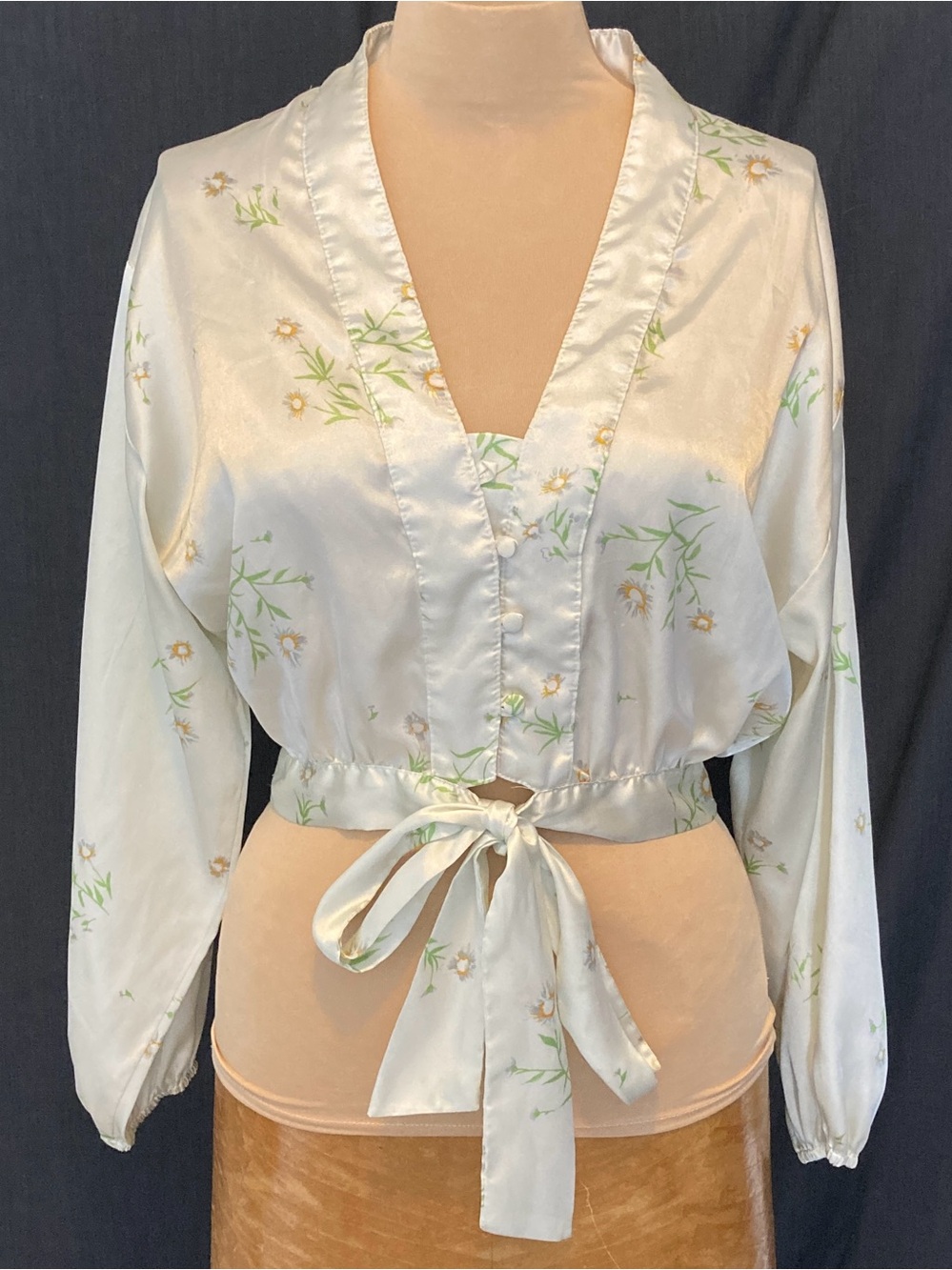 Topshop Cream Satin Romantic Floral Blouse with Covered Buttons & Waist Tie